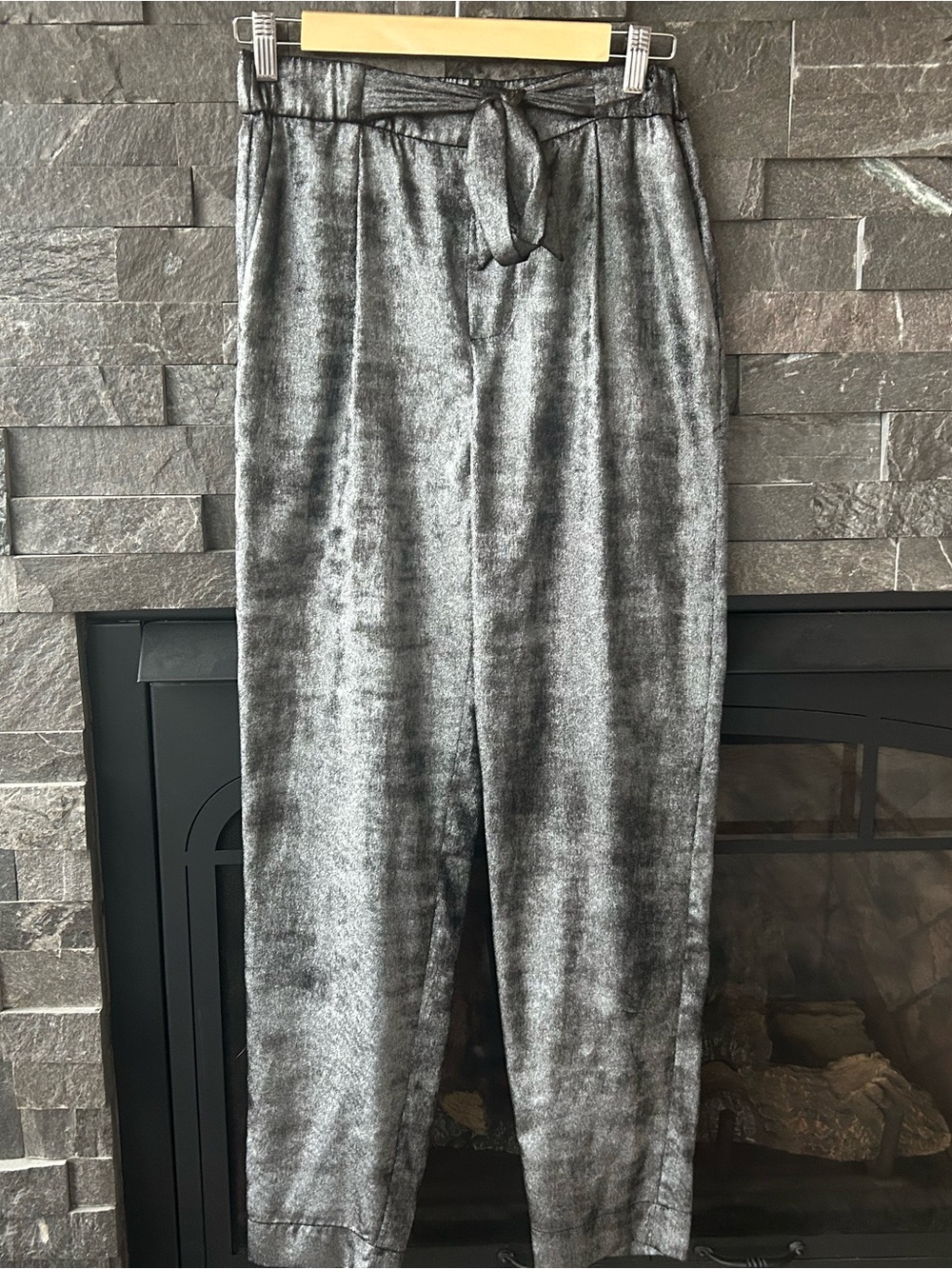 Anthropologie Brochu Walker Metallic Silver Straight Leg Tie-Waist Pants